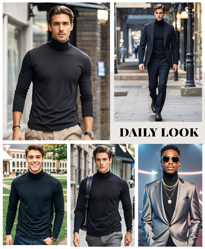 LONGBIDA Men Slim Fit Lightweight Long Sleeve Pullover Top Turtleneck T-Shirt(Black,S) - Image 3